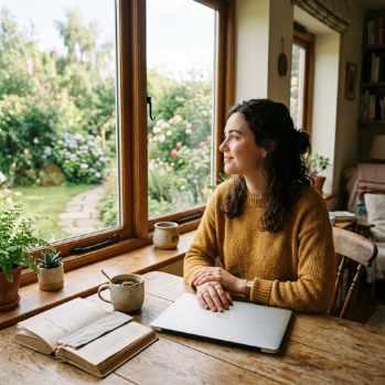 Una foto luminosa y cálida de una persona cerrando su computadora portátil, con una taza de té al lado y un libro de papel, mirando hacia una ventana con luz natural, transmitiendo paz y desconexión. Una foto luminosa y cálida de una persona cerrando su computadora portátil, con una taza de té al lado y un libro de papel, mirando hacia una ventana con luz natural, transmitiendo paz y desconexión.