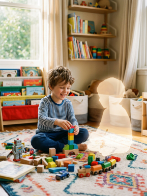 Una fotografía luminosa y cálida de un niño de unos 5 años jugando felizmente en el suelo de su habitación. A su lado, un espacio vacío o una sutil silueta de luz dibujada que representa a su amigo imaginario, transmitiendo tranquilidad y creatividad
