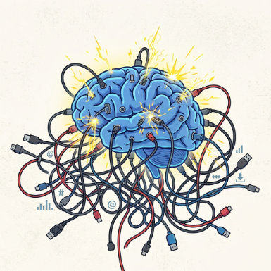Una ilustración minimalista que muestre un cerebro humano conectado a múltiples enchufes y cables USB, de los cuales salen chispas, simbolizando la sobrecarga de información. Una ilustración minimalista que muestre un cerebro humano conectado a múltiples enchufes y cables USB, de los cuales salen chispas, simbolizando la sobrecarga de información.