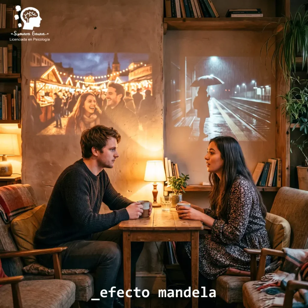 Dos personas sentadas, detrás de cada una proyectando escenas ligeramente diferentes. Percepción y memoria dividida.